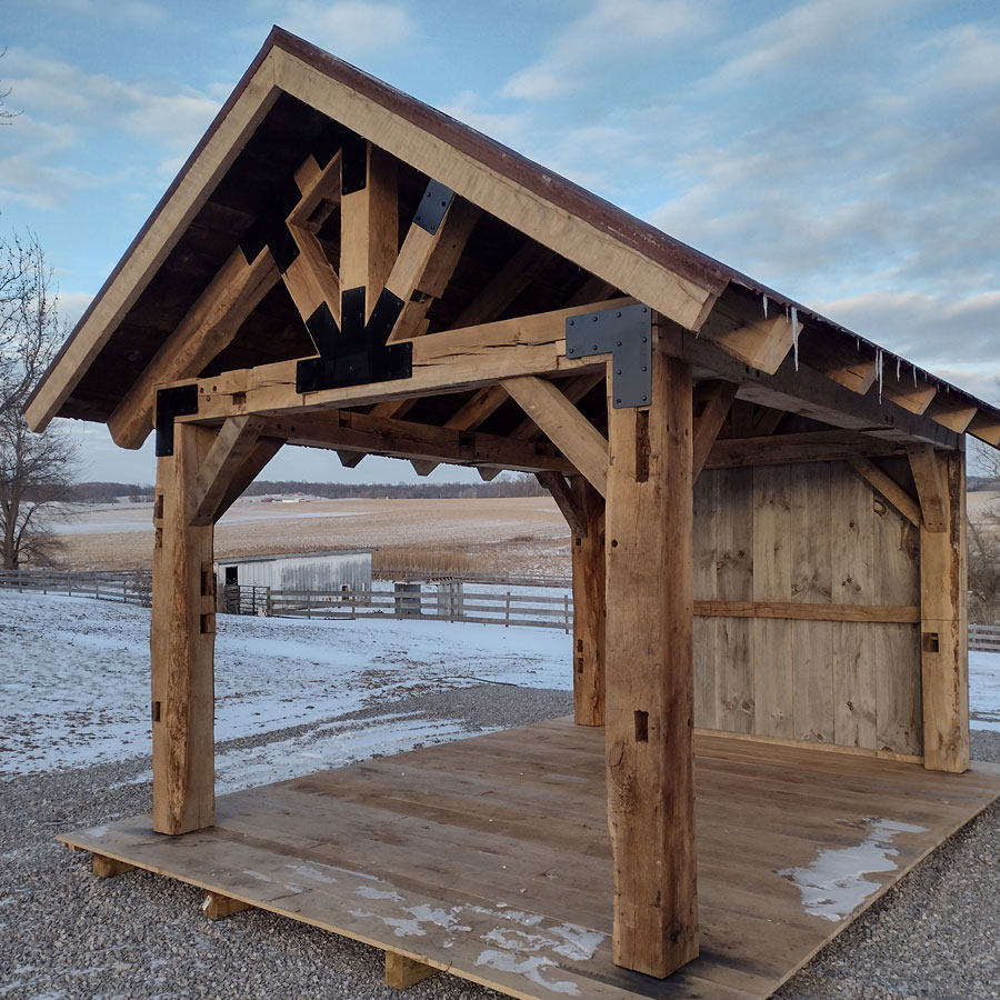 Pavilion Kit #3 is our Reclaimed Barn Timber frame. This pavilion is a good example of how wood can be reclaimed for a second use.