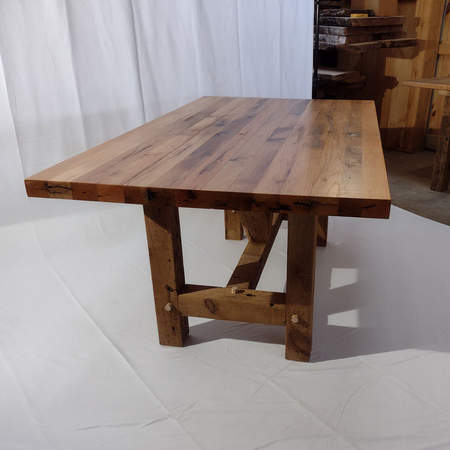 The tabletop is all reclaimed oak. Its butcher block appearance tells of a durable tabletop that can last for ages no matter where it is placed.<br /><br />The Table base is hand-crafted mortise and tenon joinery. This provides quality and strength to make the table last for ages to come.